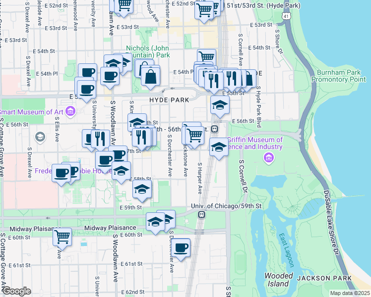 map of restaurants, bars, coffee shops, grocery stores, and more near 1400 East 57th Street in Chicago