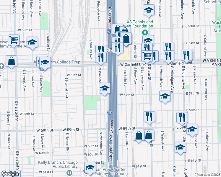 map of restaurants, bars, coffee shops, grocery stores, and more near 5623 South Wells Street in Chicago