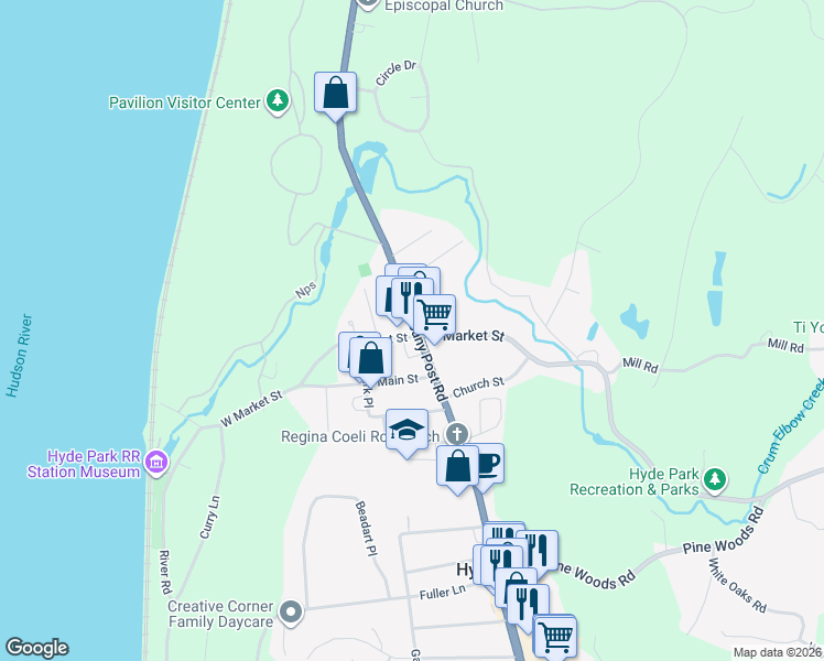 map of restaurants, bars, coffee shops, grocery stores, and more near 1 West Market Street in Hyde Park