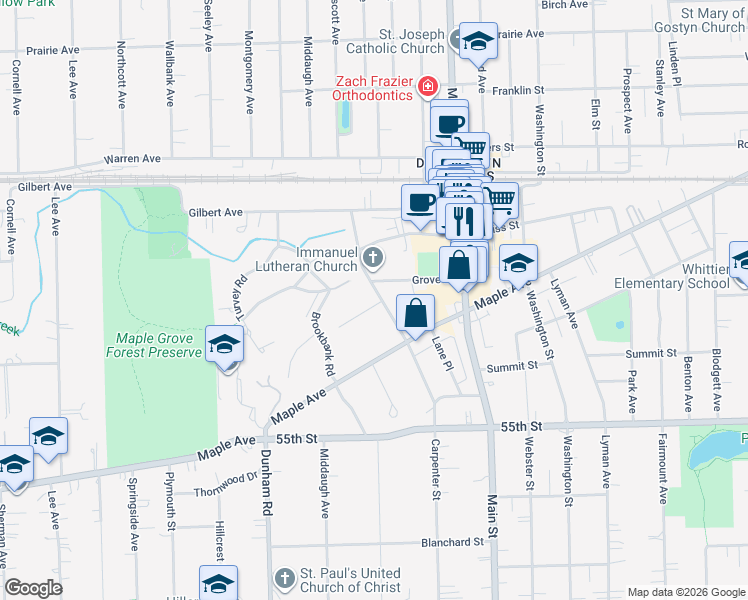 map of restaurants, bars, coffee shops, grocery stores, and more near 5236 Carpenter Street in Downers Grove