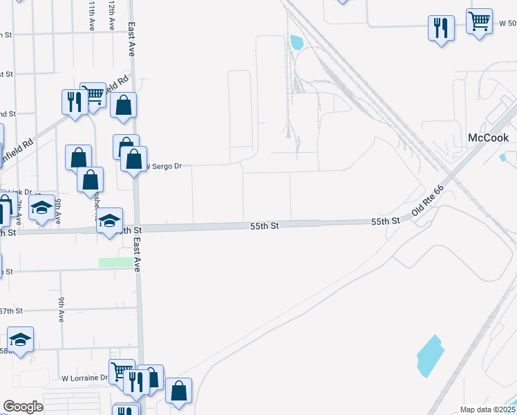 map of restaurants, bars, coffee shops, grocery stores, and more near 9140 West 55th Street in McCook