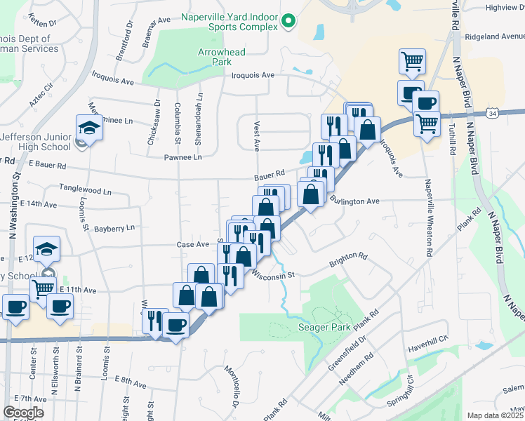 map of restaurants, bars, coffee shops, grocery stores, and more near 5S416 Vest Avenue in Naperville