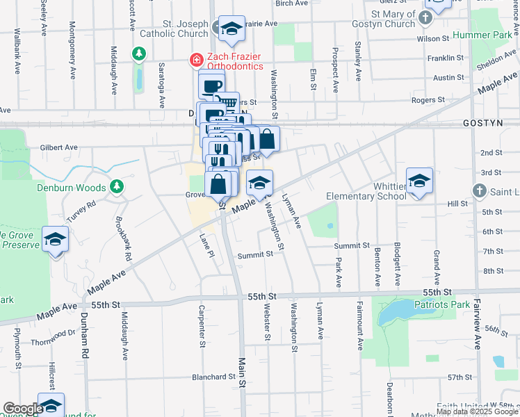 map of restaurants, bars, coffee shops, grocery stores, and more near 929 Maple Avenue in Downers Grove