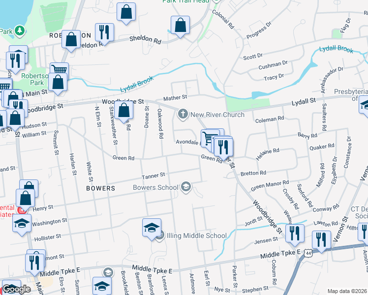 map of restaurants, bars, coffee shops, grocery stores, and more near 3 Robin Road in Manchester