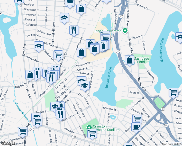 map of restaurants, bars, coffee shops, grocery stores, and more near 45 Marlborough Street in Cranston
