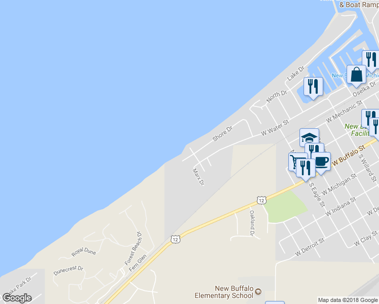 map of restaurants, bars, coffee shops, grocery stores, and more near 1436 Shore Drive in New Buffalo
