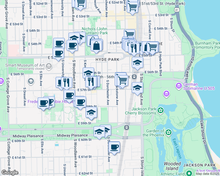 map of restaurants, bars, coffee shops, grocery stores, and more near 1400 East 57th Street in Chicago