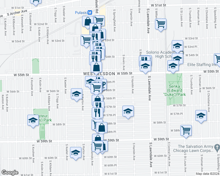 map of restaurants, bars, coffee shops, grocery stores, and more near 3920 W 56th St in Chicago