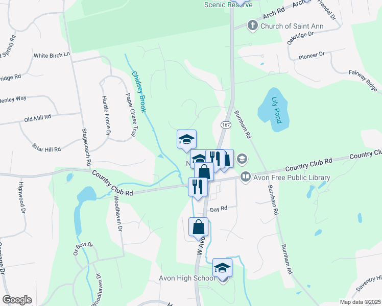 map of restaurants, bars, coffee shops, grocery stores, and more near 375 West Avon Road in Avon