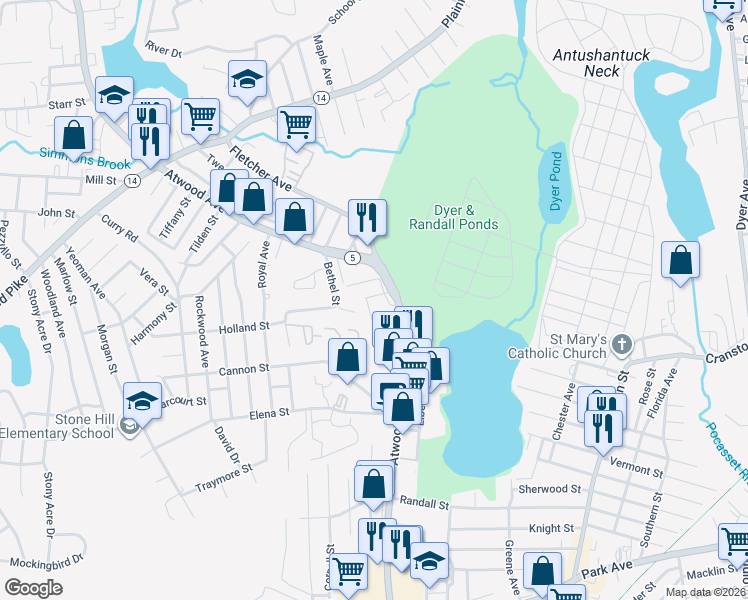map of restaurants, bars, coffee shops, grocery stores, and more near 2 Thomas Street in Cranston