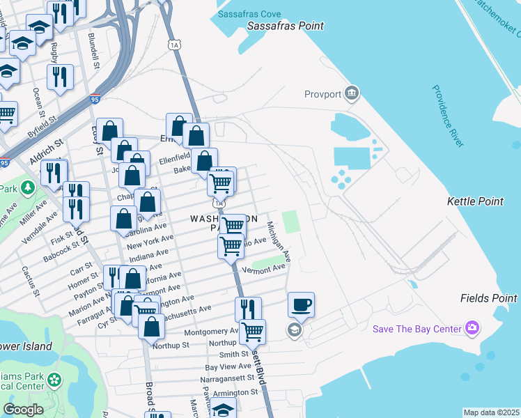 map of restaurants, bars, coffee shops, grocery stores, and more near 1 Michigan Avenue in Providence