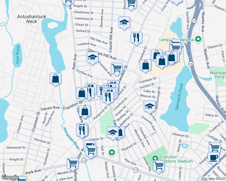 map of restaurants, bars, coffee shops, grocery stores, and more near 12 Pendleton Street in Cranston