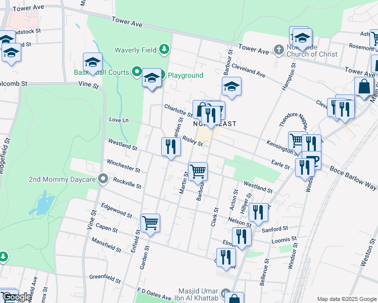 map of restaurants, bars, coffee shops, grocery stores, and more near 211 Martin Street in Hartford