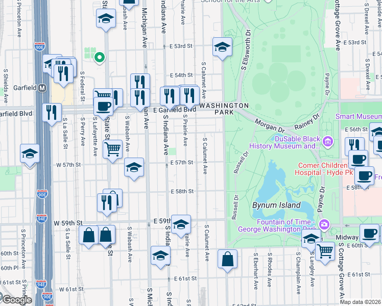 map of restaurants, bars, coffee shops, grocery stores, and more near 5648 South Calumet Avenue in Chicago