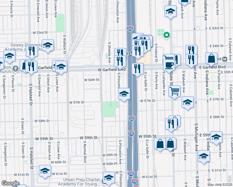 map of restaurants, bars, coffee shops, grocery stores, and more near 5638 South Princeton Avenue in Chicago