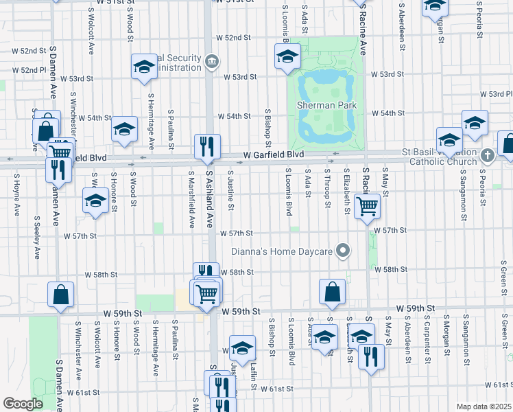 map of restaurants, bars, coffee shops, grocery stores, and more near 5623 South Laflin Street in Chicago