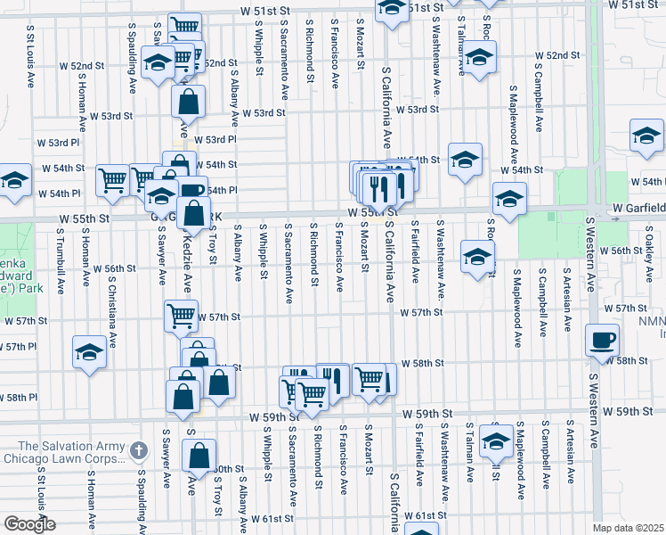 map of restaurants, bars, coffee shops, grocery stores, and more near 5609 South Francisco Avenue in Chicago