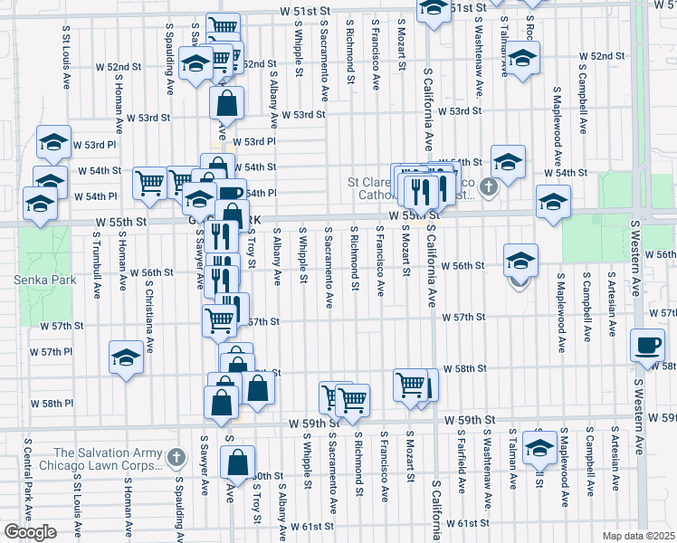 map of restaurants, bars, coffee shops, grocery stores, and more near 5606 South Richmond Street in Chicago