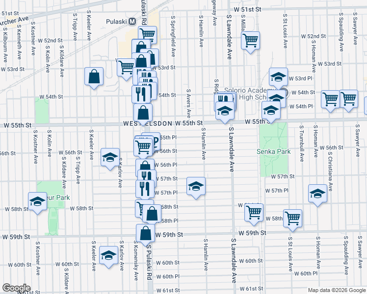map of restaurants, bars, coffee shops, grocery stores, and more near 3844 West 56th Street in Chicago