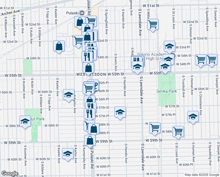 map of restaurants, bars, coffee shops, grocery stores, and more near 3844 West 56th Street in Chicago