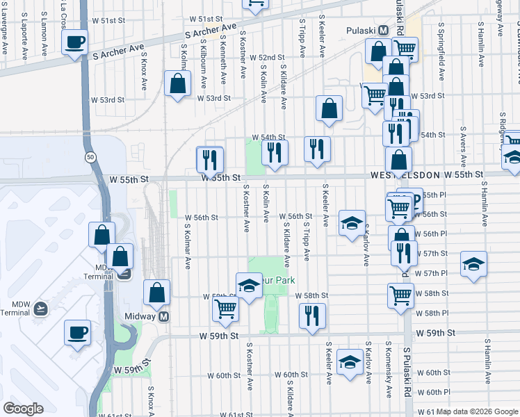 map of restaurants, bars, coffee shops, grocery stores, and more near 5552 South Kolin Avenue in Chicago
