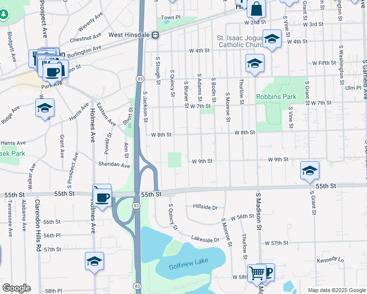 map of restaurants, bars, coffee shops, grocery stores, and more near in Hinsdale