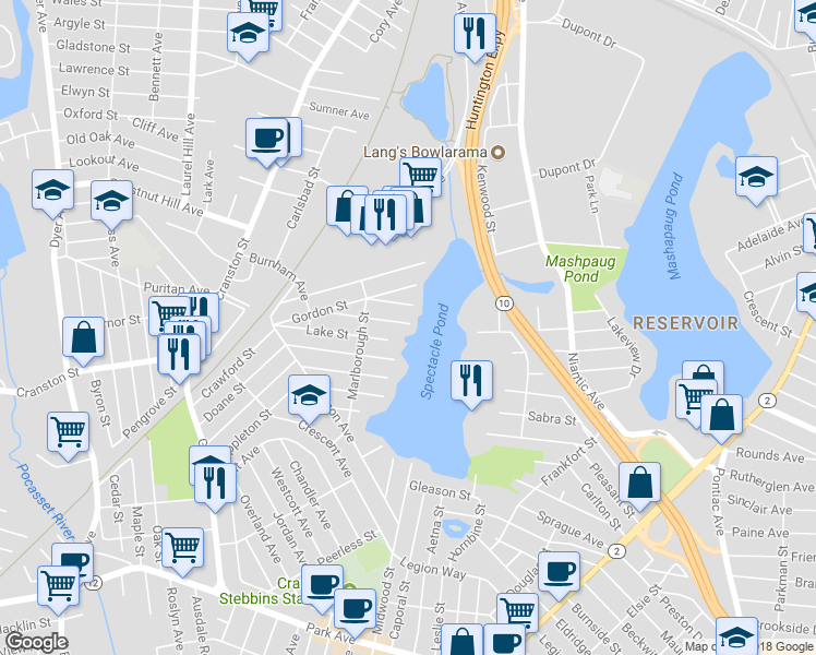 map of restaurants, bars, coffee shops, grocery stores, and more near 95 Barrett Street in Cranston