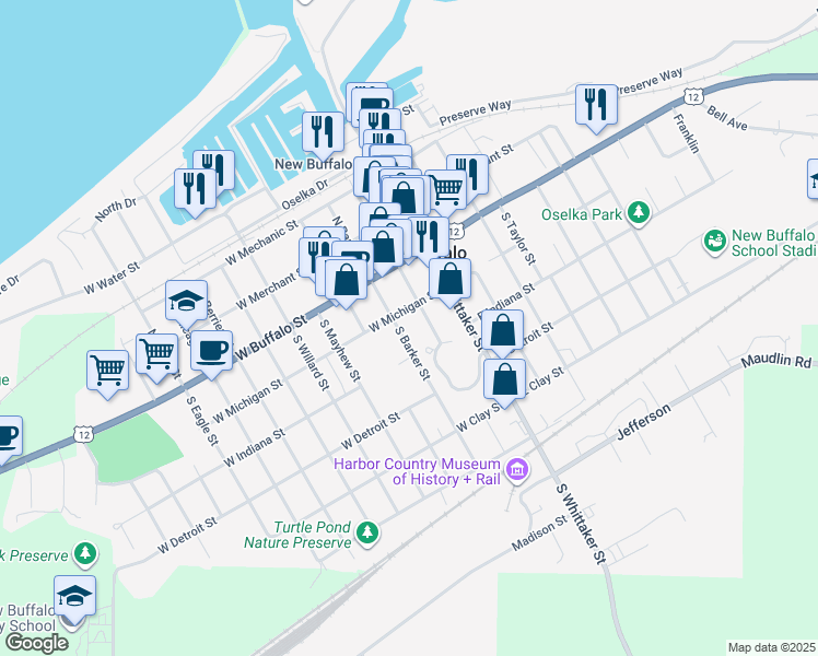 map of restaurants, bars, coffee shops, grocery stores, and more near 108 South Barker Street in New Buffalo