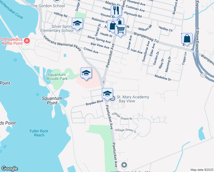map of restaurants, bars, coffee shops, grocery stores, and more near 3048 Rhode Island 103 in East Providence