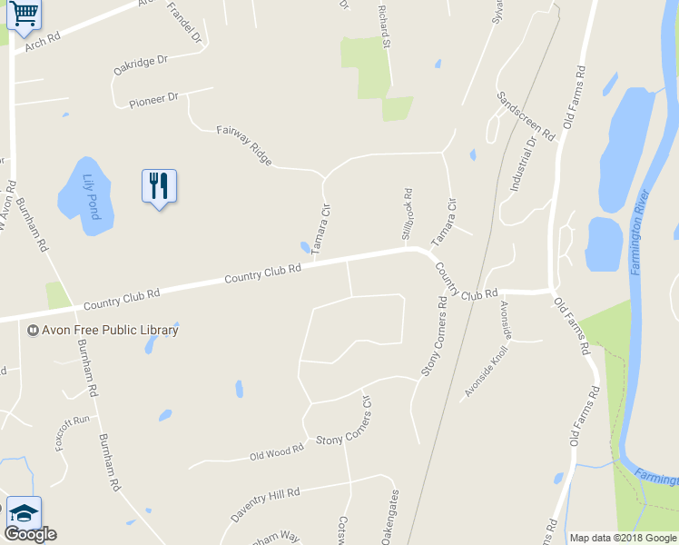 map of restaurants, bars, coffee shops, grocery stores, and more near 119 Country Club Road in Avon