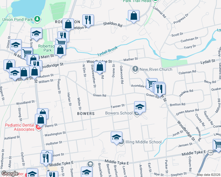 map of restaurants, bars, coffee shops, grocery stores, and more near 93 Phelps Road in Manchester
