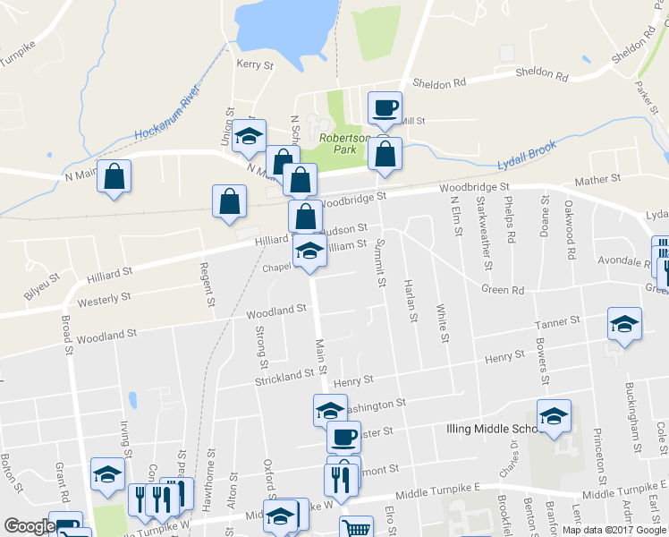 map of restaurants, bars, coffee shops, grocery stores, and more near 23 Pine Hill Street in Manchester