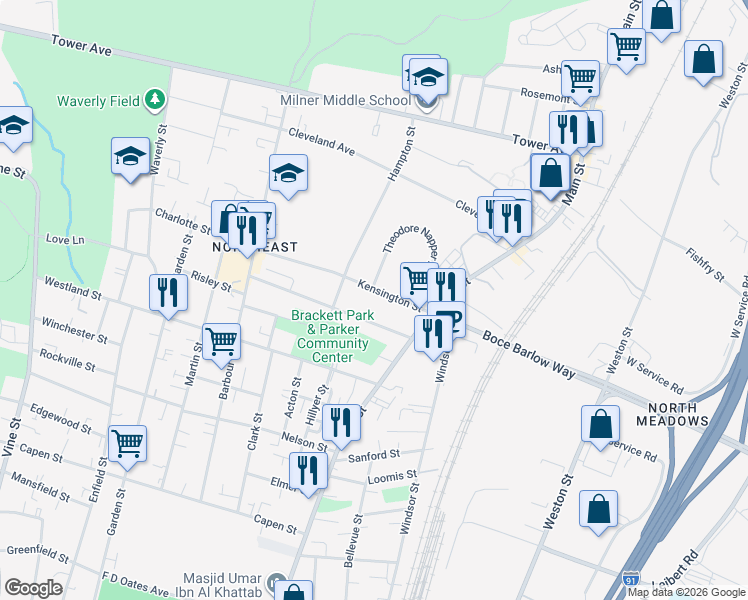 map of restaurants, bars, coffee shops, grocery stores, and more near 57 Kensington Street in Hartford