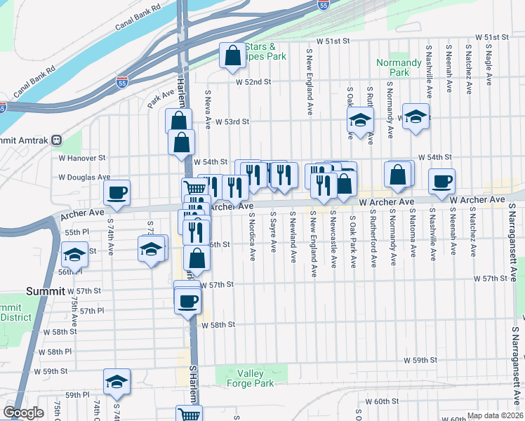 map of restaurants, bars, coffee shops, grocery stores, and more near 5520 South Sayre Avenue in Chicago
