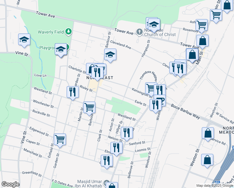map of restaurants, bars, coffee shops, grocery stores, and more near 121 Earle St in Hartford