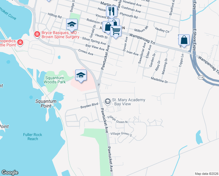 map of restaurants, bars, coffee shops, grocery stores, and more near 20 Brookfield Road in East Providence