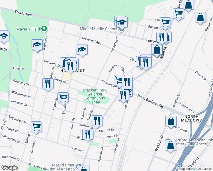 map of restaurants, bars, coffee shops, grocery stores, and more near 57 Kensington Street in Hartford