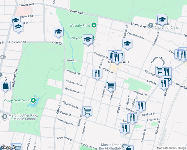map of restaurants, bars, coffee shops, grocery stores, and more near 196 Westland Street in Hartford