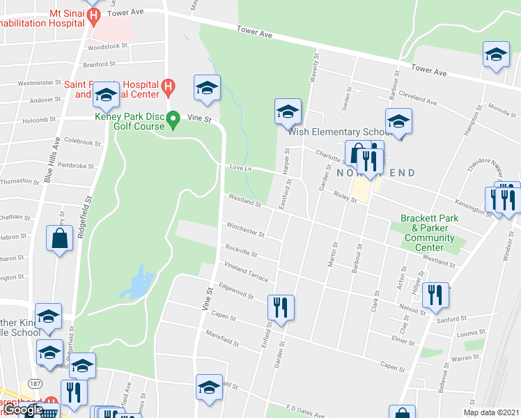 map of restaurants, bars, coffee shops, grocery stores, and more near 257 Westland Street in Hartford