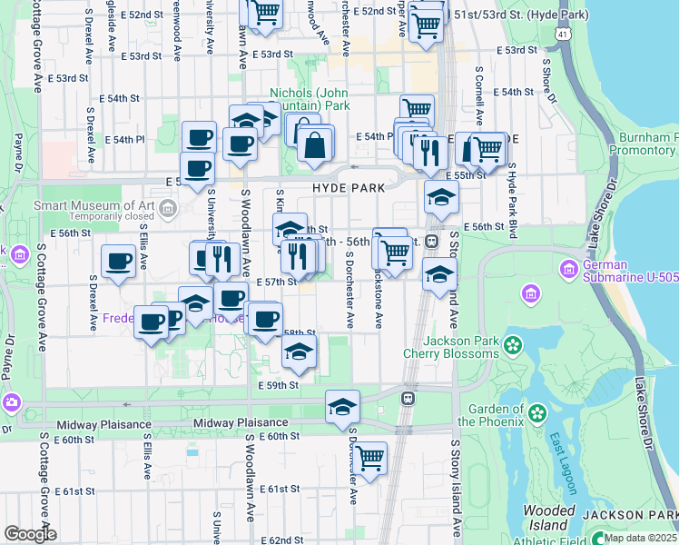 map of restaurants, bars, coffee shops, grocery stores, and more near 5703 South Kenwood Avenue in Chicago
