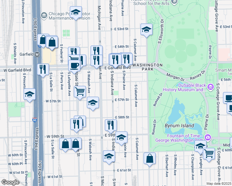 map of restaurants, bars, coffee shops, grocery stores, and more near 5648 South Indiana Avenue in Chicago