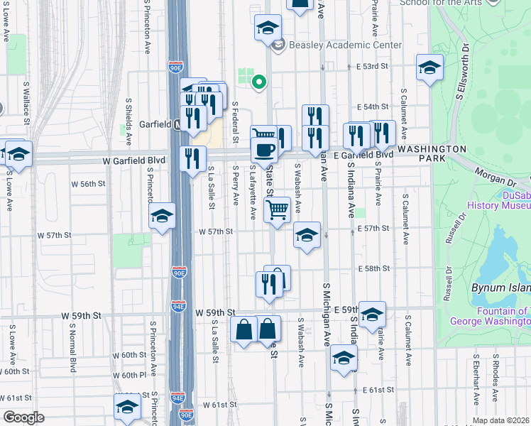 map of restaurants, bars, coffee shops, grocery stores, and more near 5639 South State Street in Chicago