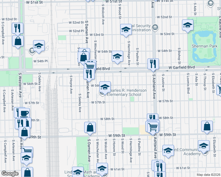 map of restaurants, bars, coffee shops, grocery stores, and more near 5619 South Honore Street in Chicago