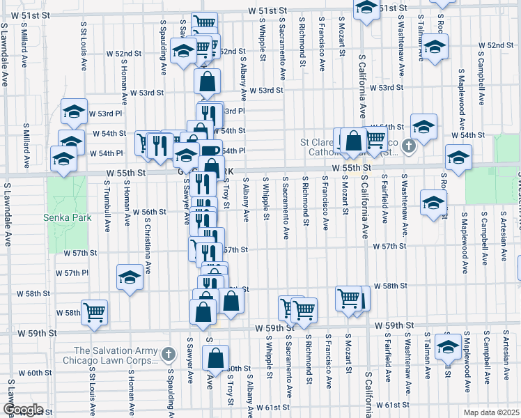 map of restaurants, bars, coffee shops, grocery stores, and more near 3051 West 56th Street in Chicago