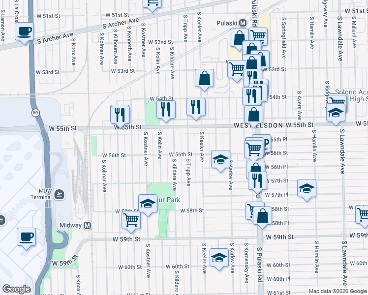 map of restaurants, bars, coffee shops, grocery stores, and more near 5557 South Tripp Avenue in Chicago