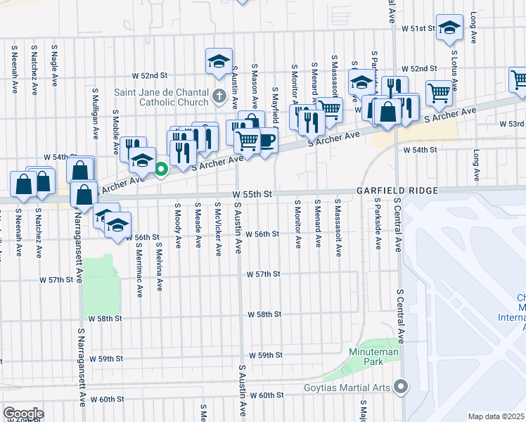 map of restaurants, bars, coffee shops, grocery stores, and more near 5536 South Mason Avenue in Chicago