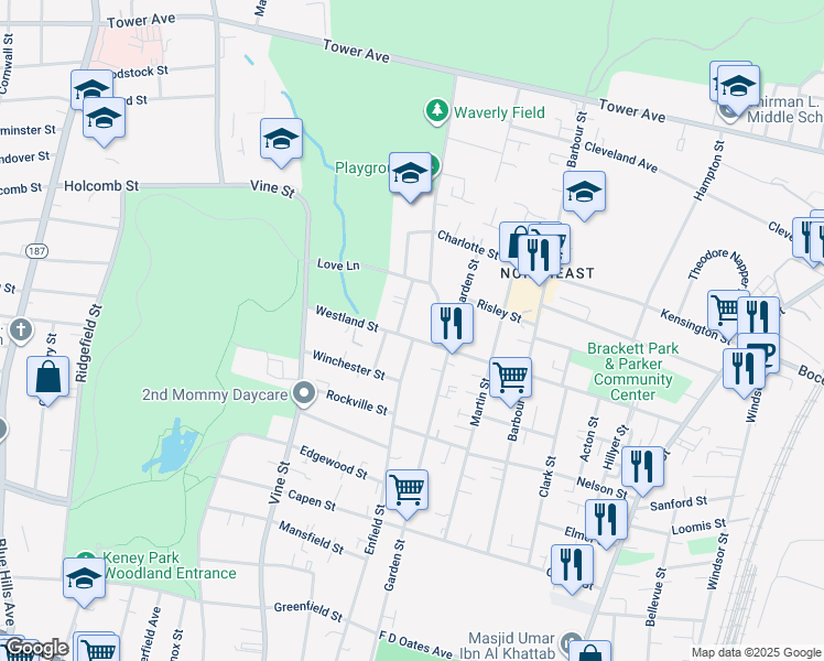 map of restaurants, bars, coffee shops, grocery stores, and more near 234 Westland Street in Hartford
