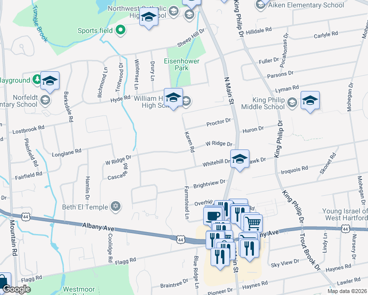 map of restaurants, bars, coffee shops, grocery stores, and more near 50 West Ridge Drive in West Hartford
