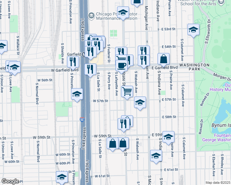 map of restaurants, bars, coffee shops, grocery stores, and more near 5630 South Lafayette Avenue in Chicago