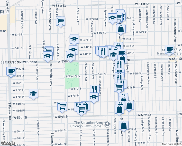 map of restaurants, bars, coffee shops, grocery stores, and more near 5601 South Trumbull Avenue in Chicago